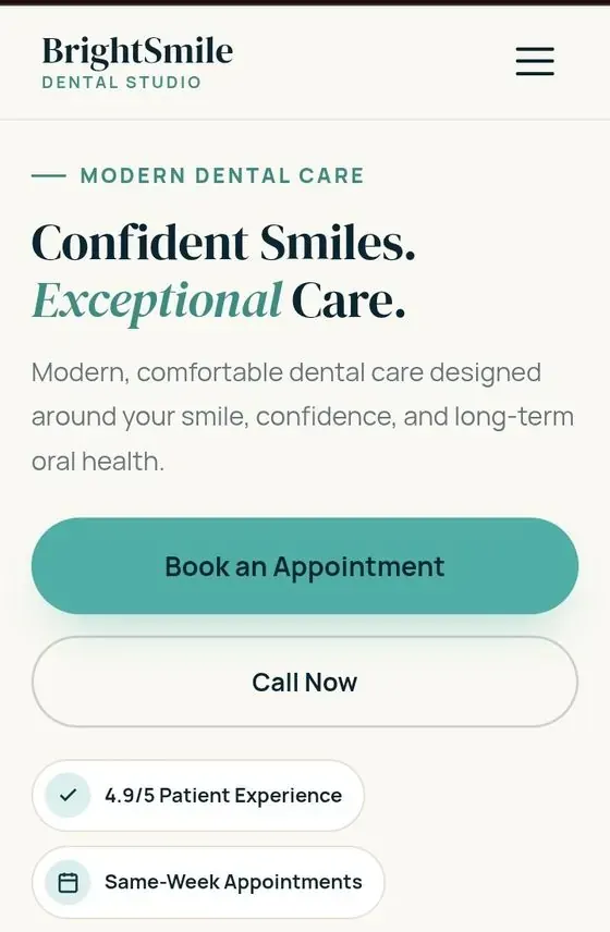 BrightSmile Dental Studio concept homepage, showing hero section