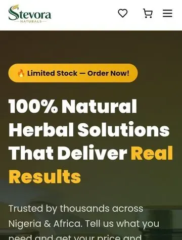 Stevora Naturals homepage, showing hero section